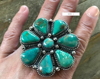 Turquoise ring, handcrafted, Tibetan repousse silver, 54X54 mm
