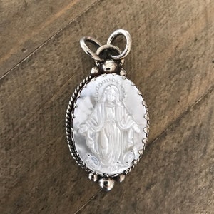 Virgin Mary carved mother of pearl pendant, handcrafted, Nepalese, Tibetan repousse silver, Himalayan, 47X26 mm