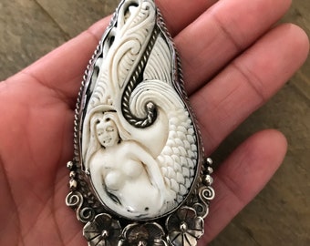 Bone carved mermaid pendant, handcrafted, Nepalese, Tibetan repousse silver, 86X37 mm