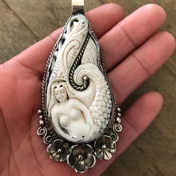 Bone carved mermaid pendant, handcrafted, Nepalese, Tibetan repousse silver, 86X37 mm