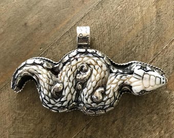Bone carved snake pendant, handcrafted, Nepalese, Tibetan repousse silver, 50X85 mm