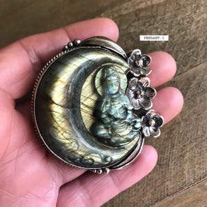 Labradorite carved buddha on moon pendant, handcrafted, Nepalese, Tibetan repousse silver, 54X50 mm