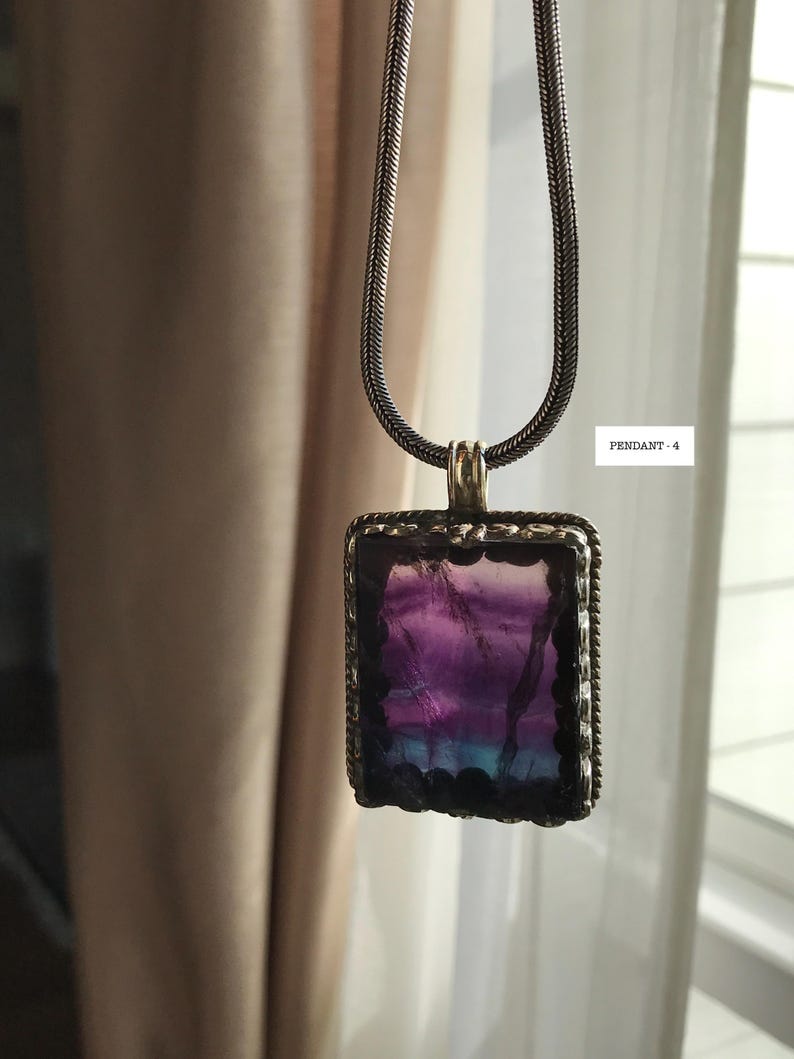 Fluorite pendant, handcrafted, Nepalese, Tibetan repousse silver, 59X36 mm image 8