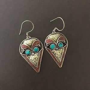 Brass dangle earrings set with coral and turquoise , handcrafted , Nepalese, Tibetan, Himalayan