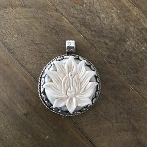 Bone carved lotus pendant, handcrafted, Nepalese, Tibetan repousse silver, 23X14 mm