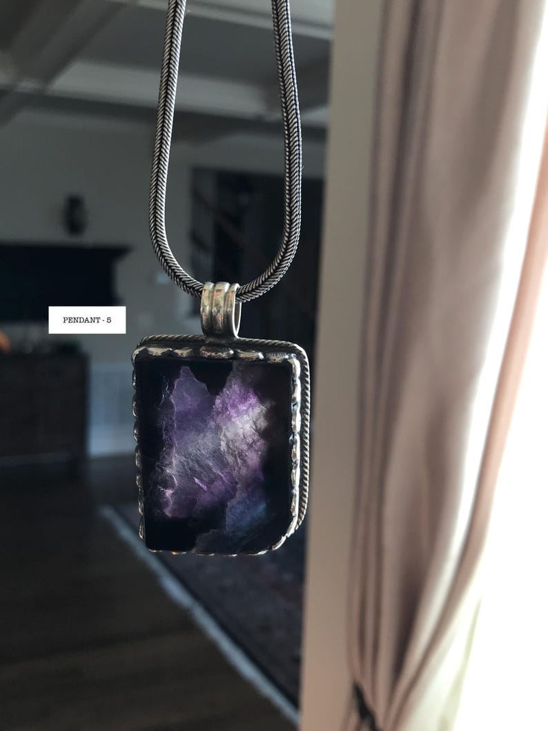 Fluorite pendant, handcrafted, Nepalese, Tibetan repousse silver, 59X36 mm image 10