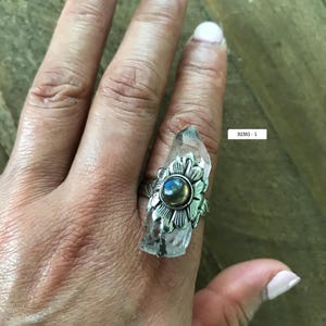 Himalayan crystal ring set with labradorite, handcrafted, Nepalese, Tibetan repousse silver, adjustable