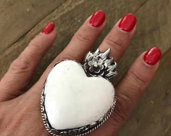 Bone fire heart ring, handcrafted, Tibetan repousse silver