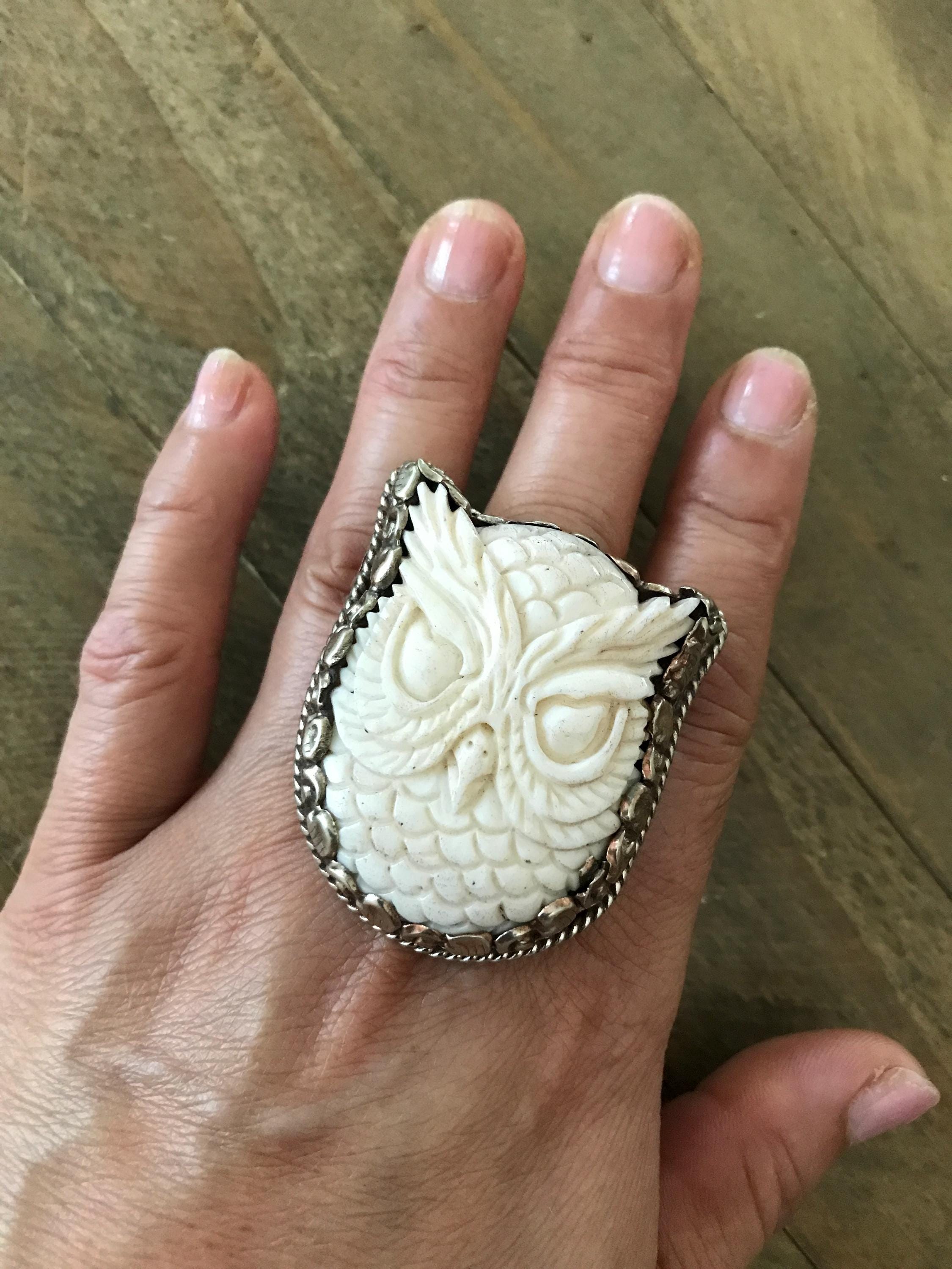 Bone owl face ring, handcrafted, Nepalese, Tibetan repousse silver, 46X38 mm