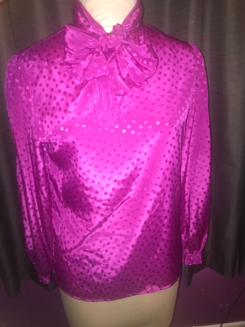 Vintage hot pink fuchsia high neck bow polka dot blouse