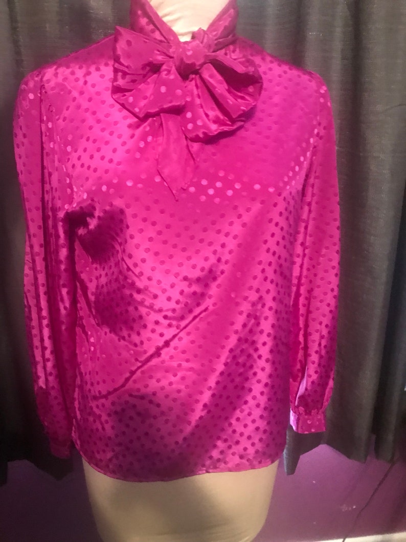 Vintage hot pink fuchsia high neck bow polka dot blouse
