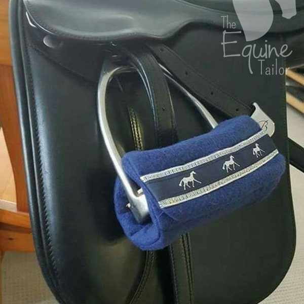 Navy with horse ribbon trim Stirrup Bumpers, Stirrup Covers