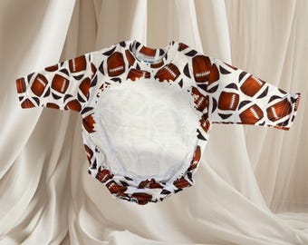 Faux football long sleeve tshirt Baby bodysuit bubble romper  one piece sublimation 100% polyester white  hooded infant romper oversized