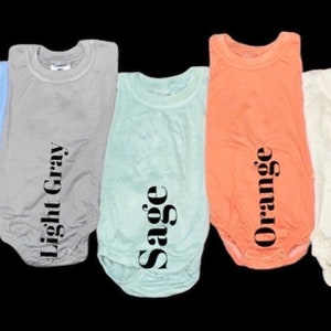 May include: Eight baby onesies in different colors, including white, light blue, light gray, sage, orange, cream, and light pink. Each onesie has a different color and a text label with the color name.