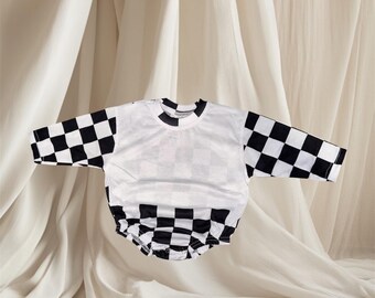 Faux checkered long sleeve tshirt Baby bodysuit bubble romper  one piece sublimation 100% polyester white  hooded infant romper oversized