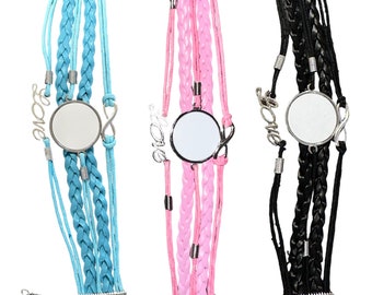 Pulseras de cuero en blanco para sublimación, color rosa, azul y negro.
