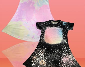 Toddler faux bleach tie dye sublimation dress polyester girls little short sleeve skirt pink purple yellow black
