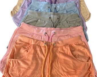 Womens polyester shorts sublimation 100% polyester juniors pink blue cream tan purple string tie