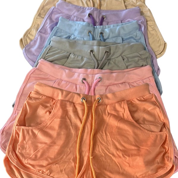 Womens polyester shorts sublimation 100% polyester juniors pink blue cream tan purple string tie