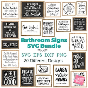 May include: A collection of 20 bathroom signs in a rustic wood frame with black chalkboard style text. The signs feature humorous and witty sayings about bathroom etiquette and bodily functions. The signs are perfect for adding a touch of humor to any bathroom.