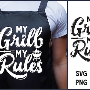 May include: A black apron with white text that reads "My Grill My Rules" with a grill and flames graphic.