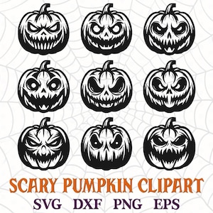 May include: Nine black and white illustrations of scary pumpkin faces. The pumpkins have different expressions, including angry, surprised, and grinning. The text "SCARY PUMPKIN CLIPART" is below the pumpkins. The text "SVG DXF PNG EPS" is below the first line of text.
