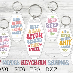 Funny Motel sleutelhanger SVG bundel, retro hotel sleutelhanger SVG, sarcastische sleutelhanger SVG, Snarky sleutelhanger SVG, rijden humor SVG, vrouwen zeggen SVG