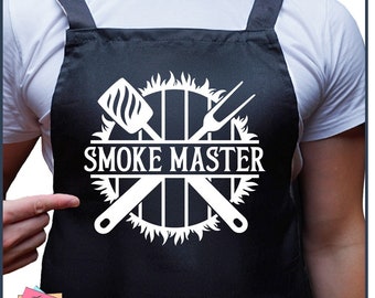 May include: Black and white graphic design of a grill with crossed grilling tools and the text "Smoke Master".