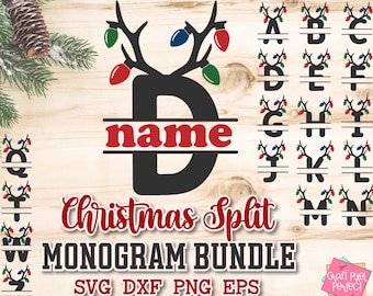 Christmas Split Letters Monogram Svg Bundle, Antlers Split Alphabet Monogram Bundle, Reindeer Alphabet Split Monogram, Christmas Letters Svg