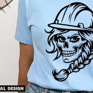 Cráneo femenino con casco Svg, cráneo de mujer trabajadora de la construcción Png, camisa de mujer de cuello azul Svg, esqueleto de niña Svg, cráneo de comerciante Svg