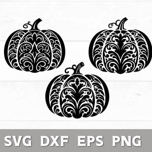 May include: Three black pumpkin designs with intricate floral patterns. The pumpkins are in various sizes and orientations, set against a white wood-grain background. The image includes the text "SVG DXF EPS PNG".