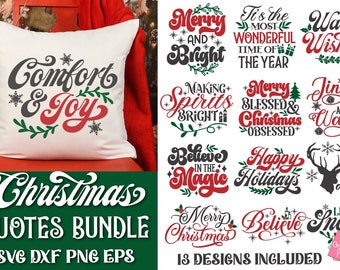 Christmas Quotes Svg Bundle, Christmas Pillow Sayings, Christmas Kitchen Towel, Christmas Coffee Mug Svg Designs, Merry And Bright, Believe