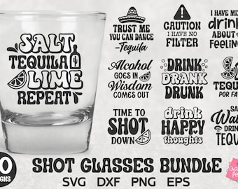 May include: A set of 20 shot glass designs featuring various tequila-themed sayings. The designs include phrases like "Salt Tequila Lime Repeat", "Trust Me You Can Dance - Tequila", "Caution I Have No Filter", "I Have Mixed Drinks About Feelings", "Alcohol Goes In Wisdom Comes Out", "Drink Drank Drunk", "Tequila Por Favor", "Time To Shot Down", "Drink Happy Thoughts", and "Save Water Drink Tequila".