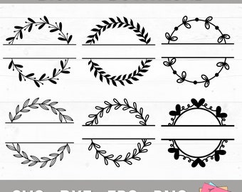 Split Wreath Svg, Floral Frame Svg, Split Monogram Frame Svg Bundle, Wedding Monogram Svg, Last Name Frame, Family Frame Svg, Leaf Wreath