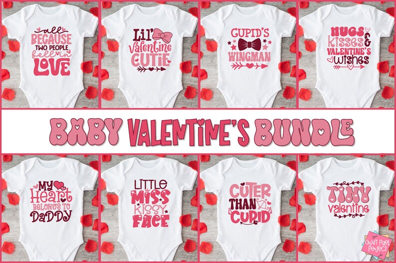 May include: A set of ten white baby onesies with pink Valentine's Day themed designs. The designs include phrases like "Lil' Valentine Cutie", "My Heart Belongs to Daddy", and "Cuter Than Cupid".