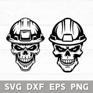 May include: Two black and white illustrations of a skull wearing a hard hat. The skulls have an angry expression with their mouths open in a menacing grin.