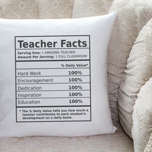 May include: White throw pillow with black text that reads "Teacher Facts" and a nutrition facts label listing "Hard Work", "Encouragement", "Dedication", "Inspiration", and "Education" with a 100% daily value for each.