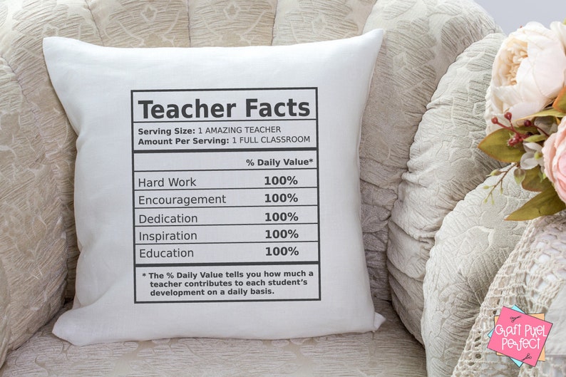 May include: White throw pillow with black text that reads "Teacher Facts" and a nutrition facts label listing "Hard Work", "Encouragement", "Dedication", "Inspiration", and "Education" with a 100% daily value for each.
