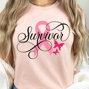 May include: Pink t-shirt with a pink ribbon and the word "Survivor" in black script. Two pink butterflies are below the ribbon.