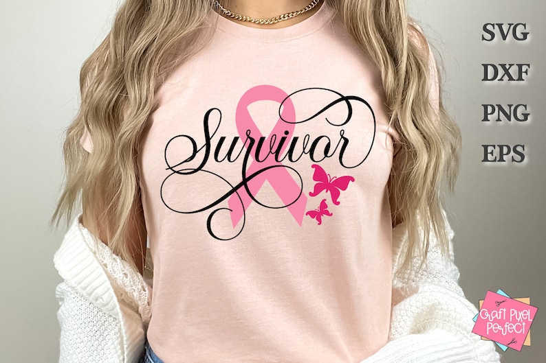 May include: Pink t-shirt with a pink ribbon and the word "Survivor" in black script. Two pink butterflies are below the ribbon.
