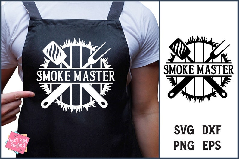 May include: Black and white graphic design of a grill with crossed grilling tools and the text "Smoke Master".
