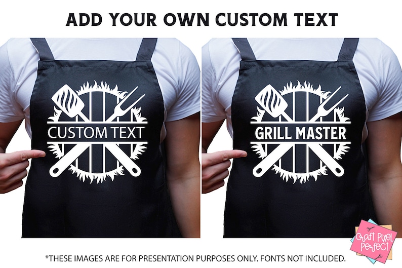 May include: Black apron with a white design of crossed grilling tools and flames around a grill grate. The text "CUSTOM TEXT" is in the center of the design.