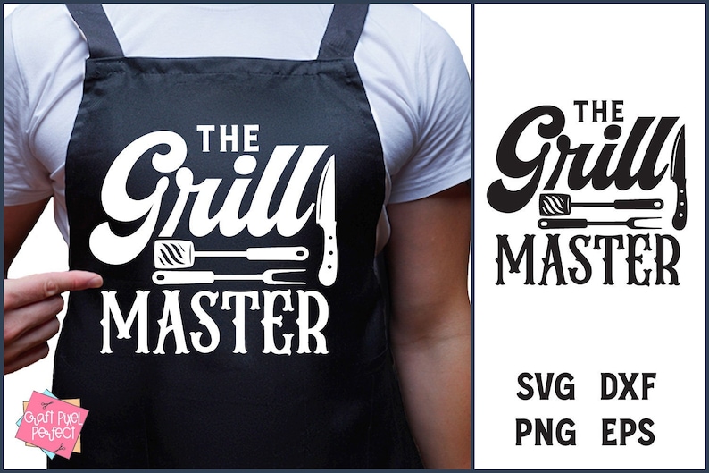 May include: Black apron with the text "The Grill Master" in white, along with illustrations of a spatula, fork, and knife. The apron is being pointed at by a person. The design is also shown on a white background with file type options.