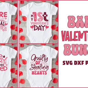 May include: A set of four Valentine's Day designs for baby onesies. The designs feature pink and red hearts and text that says "Here to steal hearts", "My 1st Valentine's Day", "So tiny and so loved", and "Guilty of stealing hearts". The designs are available in SVG, DXF, PNG, and EPS formats.