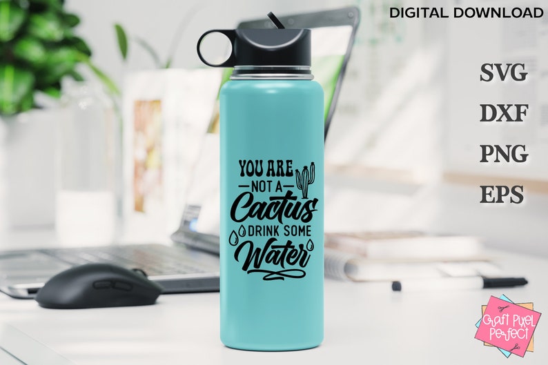 May include: A turquoise water bottle with a black lid and a black and white graphic that says "You are not a cactus, drink some water".