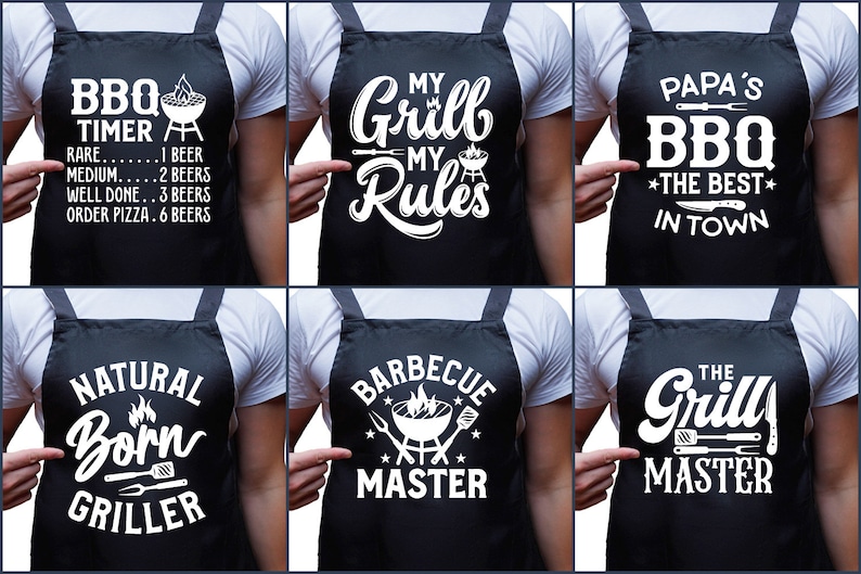 May include: Six different aprons with humorous grilling-themed text printed in white on a black background. The aprons feature sayings like "BBQ Timer", "My Grill My Rules", "Papa's BBQ The Best in Town", "Natural Born Griller", "Barbecue Master", and "The Grill Master".
