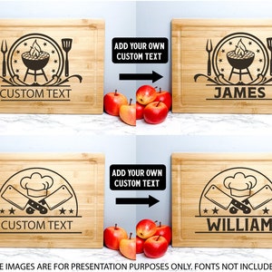 May include: Two personalized bamboo cutting boards with different designs. The first board features a grill with flames and the text "CUSTOM TEXT" and "JAMES". The second board features crossed chef's knives and a chef's hat with the text "CUSTOM TEXT" and "WILLIAM".