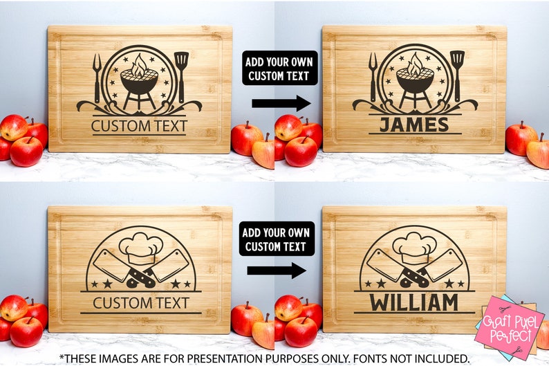 May include: Two personalized bamboo cutting boards with different designs. The first board features a grill with flames and the text "CUSTOM TEXT" and "JAMES". The second board features crossed chef's knives and a chef's hat with the text "CUSTOM TEXT" and "WILLIAM".