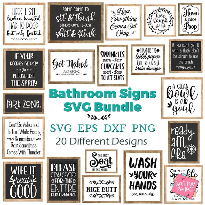 May include: A collection of 20 bathroom signs in a rustic wood frame with black chalkboard style text. The signs feature humorous and witty sayings about bathroom etiquette and bodily functions. The signs are perfect for adding a touch of humor to any bathroom.