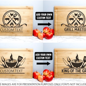 May include: Two different designs for a personalized bamboo cutting board. The first design features a grill with crossed utensils, a chicken, a pig, and a cow. The second design features a grill with crossed knives and a spatula. Both designs have the text "Add your own custom text" and a space for a custom message.